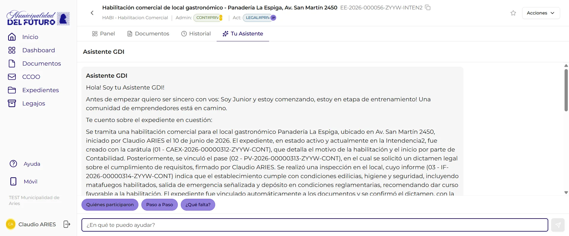 Asistente de IA abierto dentro de un expediente mostrando el resumen automático