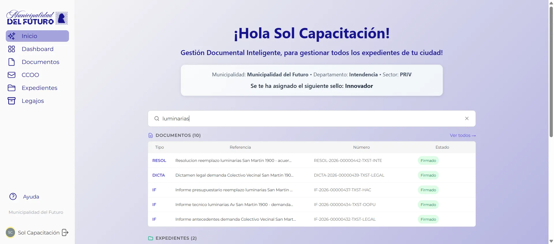 Buscador general de GDI mostrando resultados de documentos y expedientes