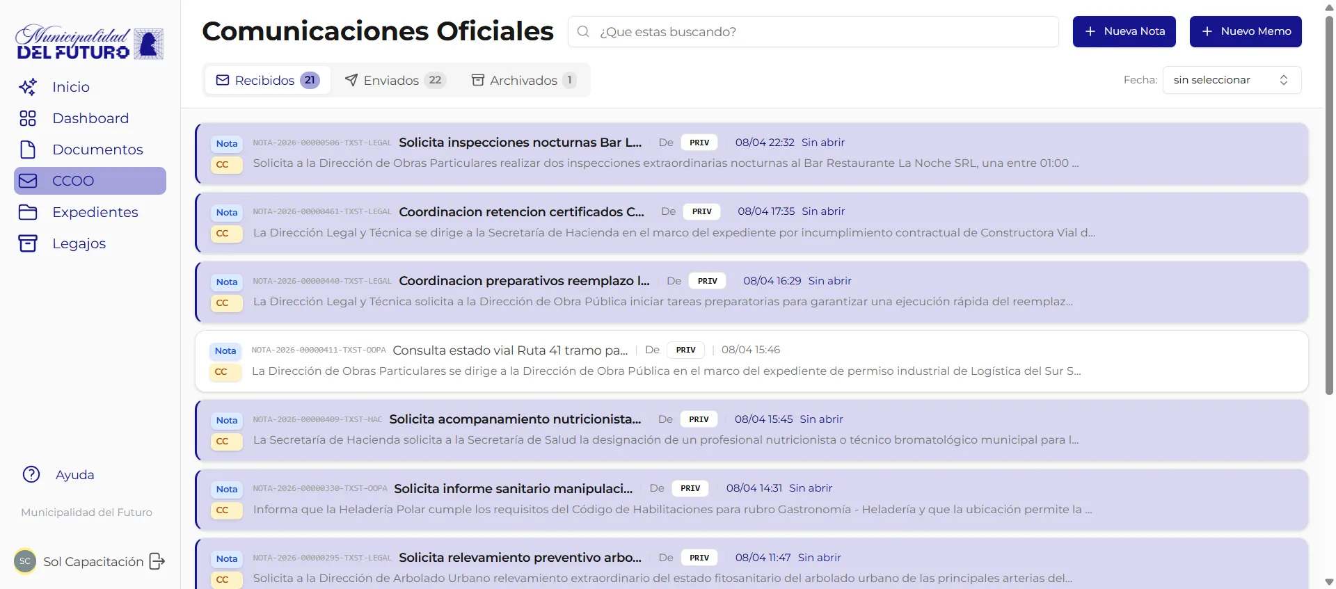 Bandeja de comunicaciones oficiales recibidas en GDI con memos y notas