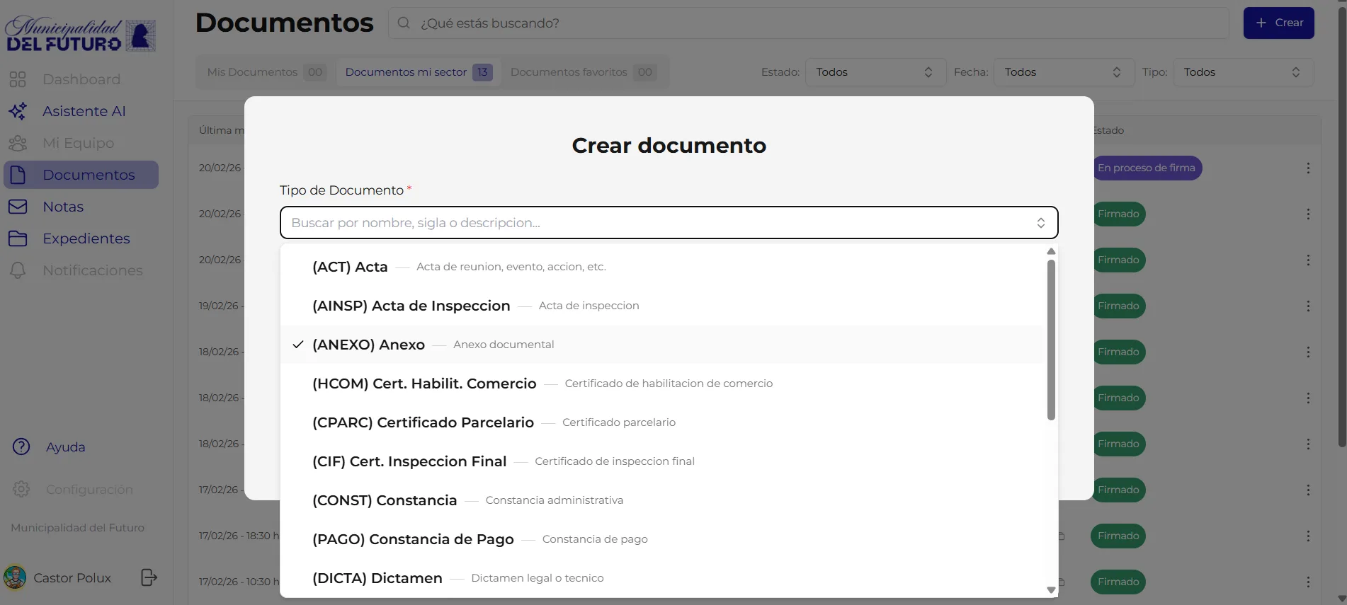 Diálogo de creación de documento con el selector de tipos de documento