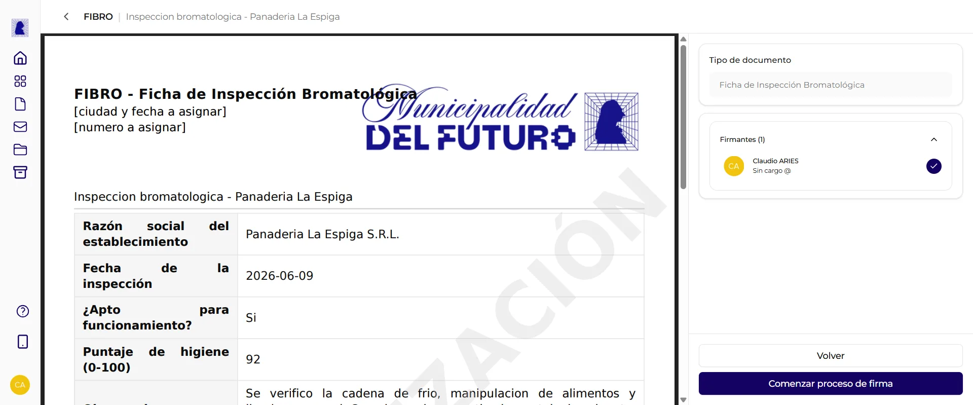 PDF generado de un documento FFCC con membrete oficial y tabla de campos y valores