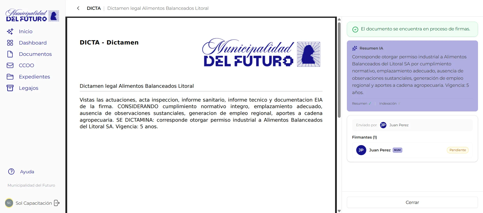 Documento oficial en proceso de firma en GDI, con el circuito de firmantes