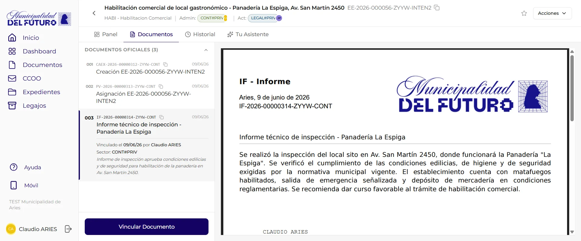 Pestaña Documentos del expediente con la lista de documentos oficiales numerados