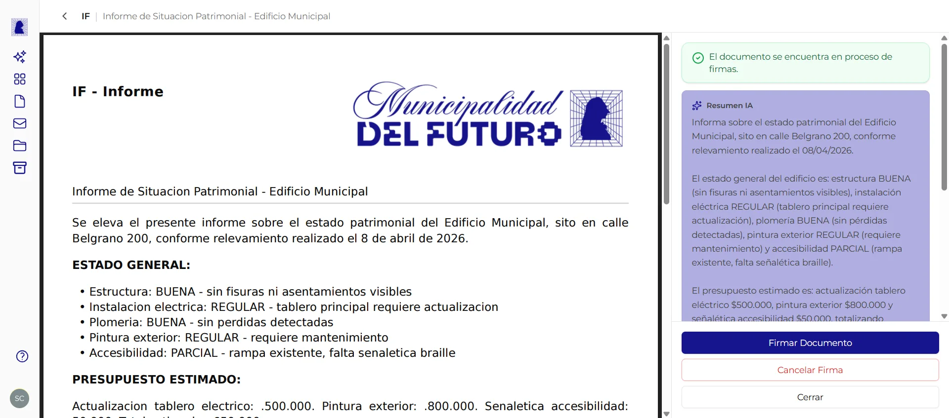 Pantalla de firma de un documento en GDI