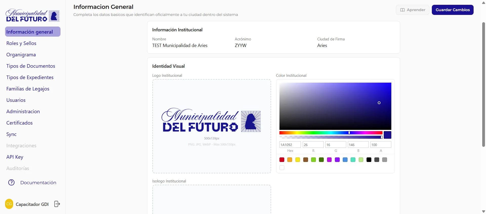 Pantalla de Información General del BackOffice de GDI con los datos institucionales y la identidad visual del municipio