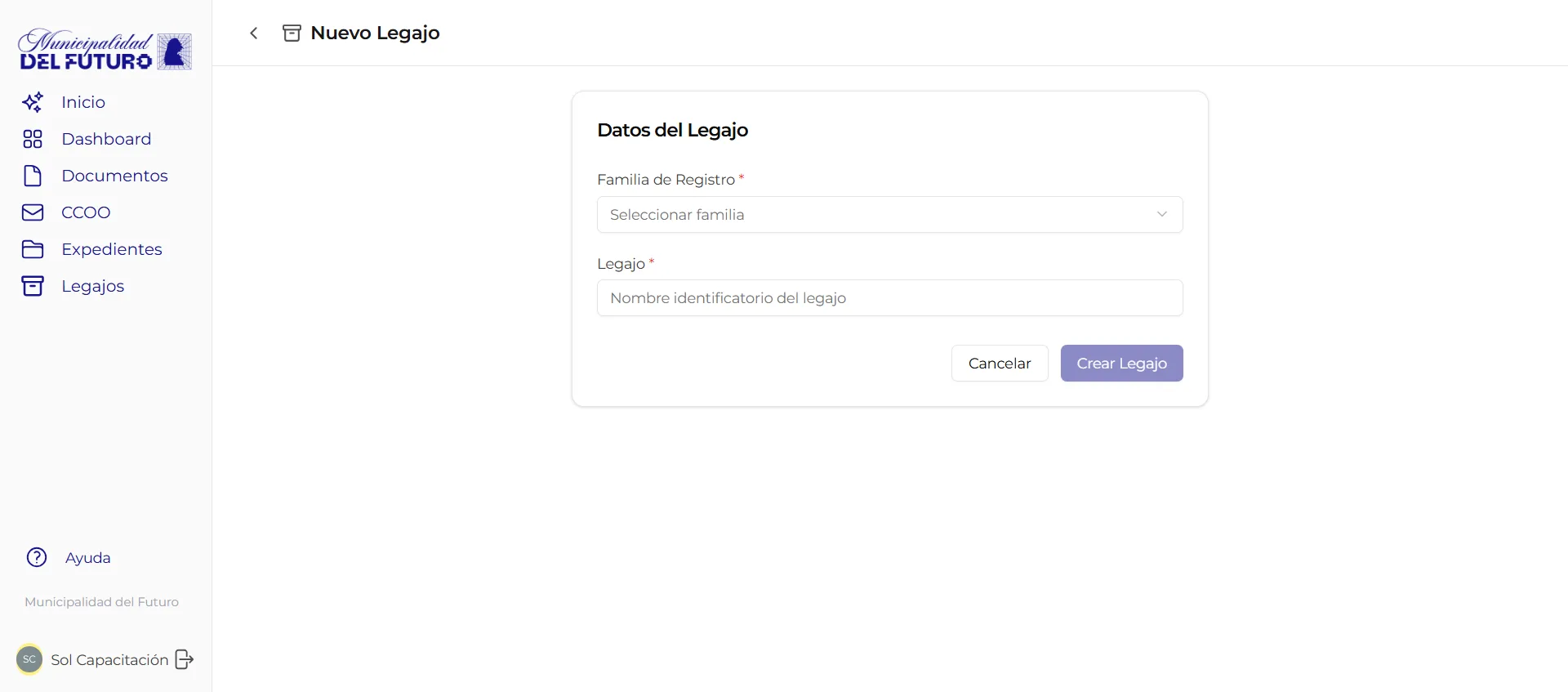 Formulario de creación de legajo con selector de familia de registro y campos