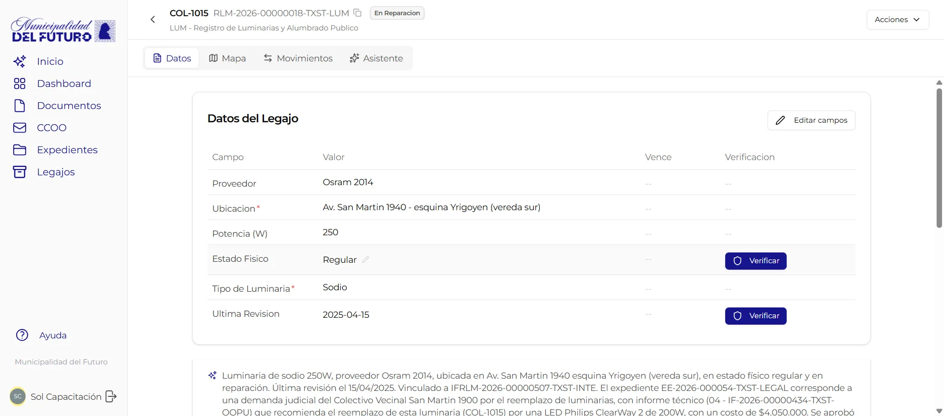 Detalle de un legajo con sus campos y el estado de verificación de cada dato