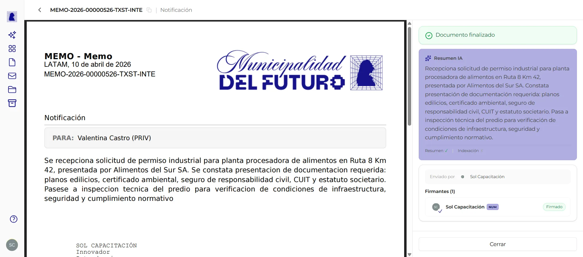 Vista de un memo enviado en GDI con su PDF, destinatarios y panel de aperturas