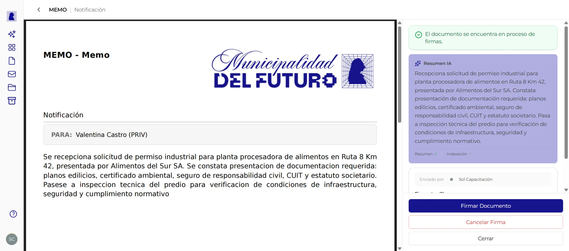 Pantalla de firma de un memo en GDI antes de enviarlo a sus destinatarios