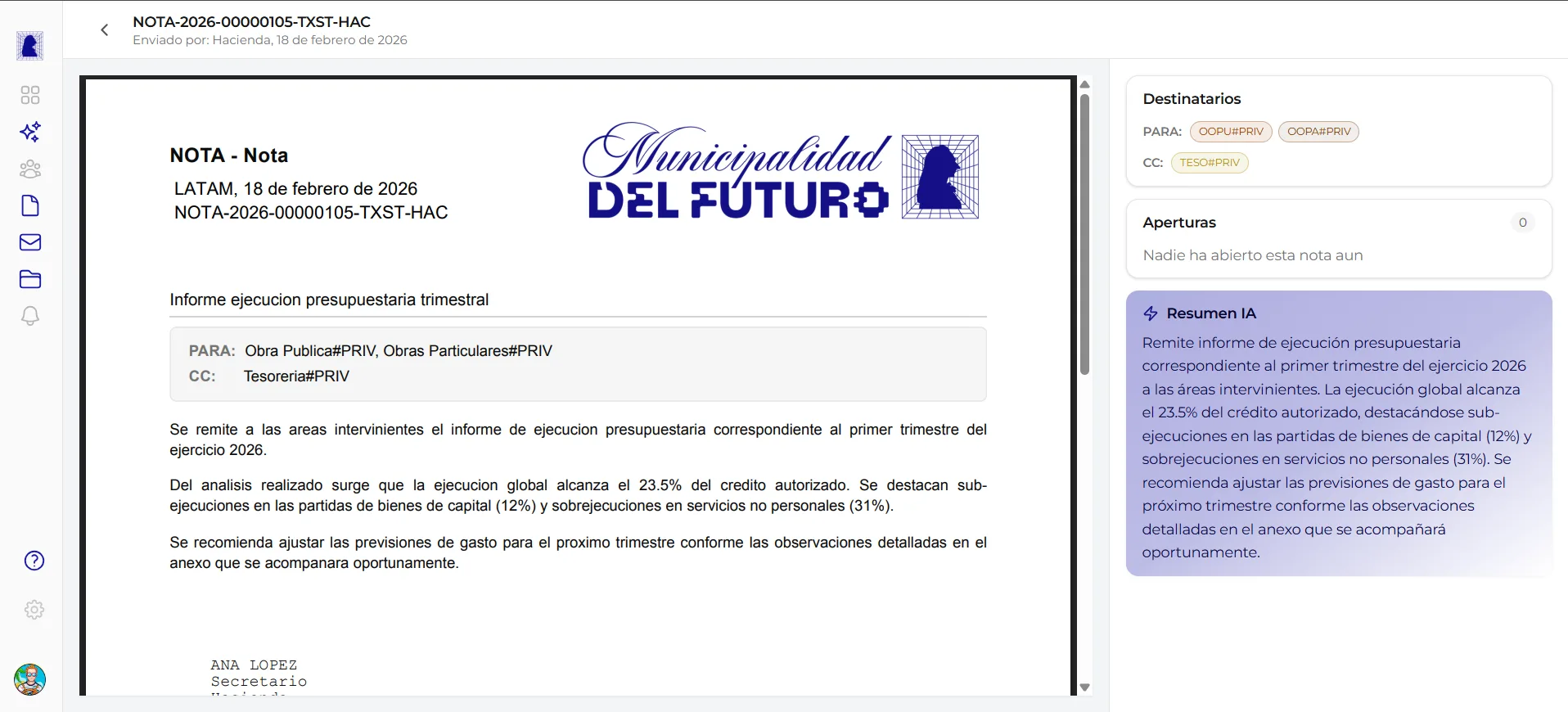 Vista de una nota oficial enviada en GDI con su PDF, destinatarios y aperturas