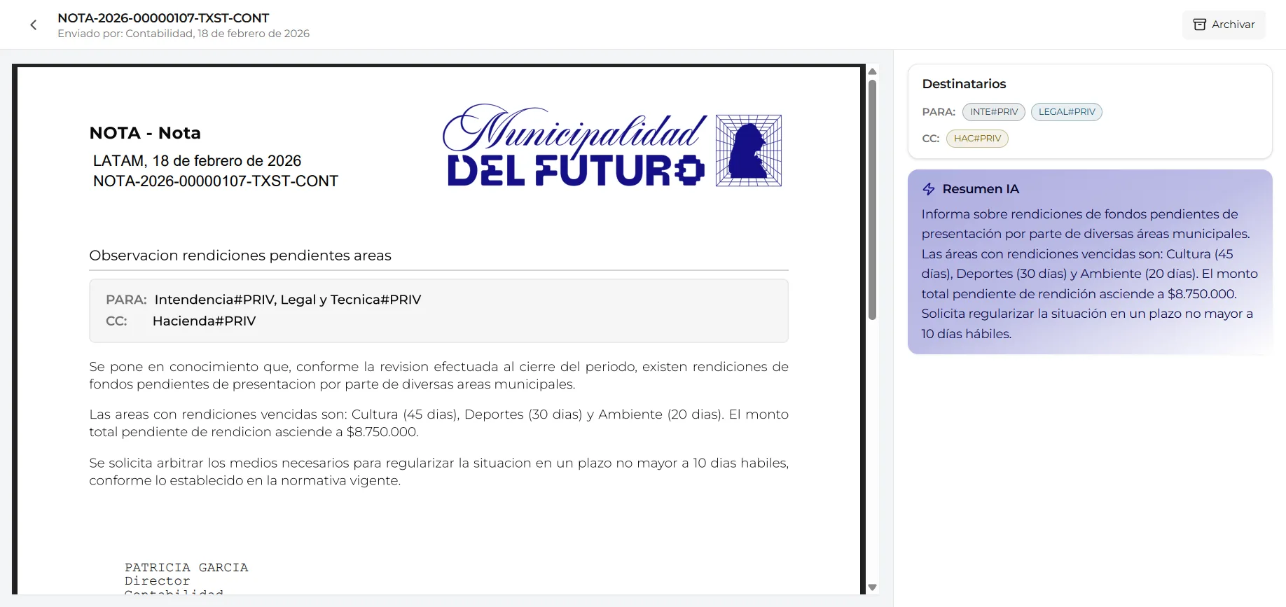 Vista de una nota recibida en GDI con botón Archivar y panel de destinatarios
