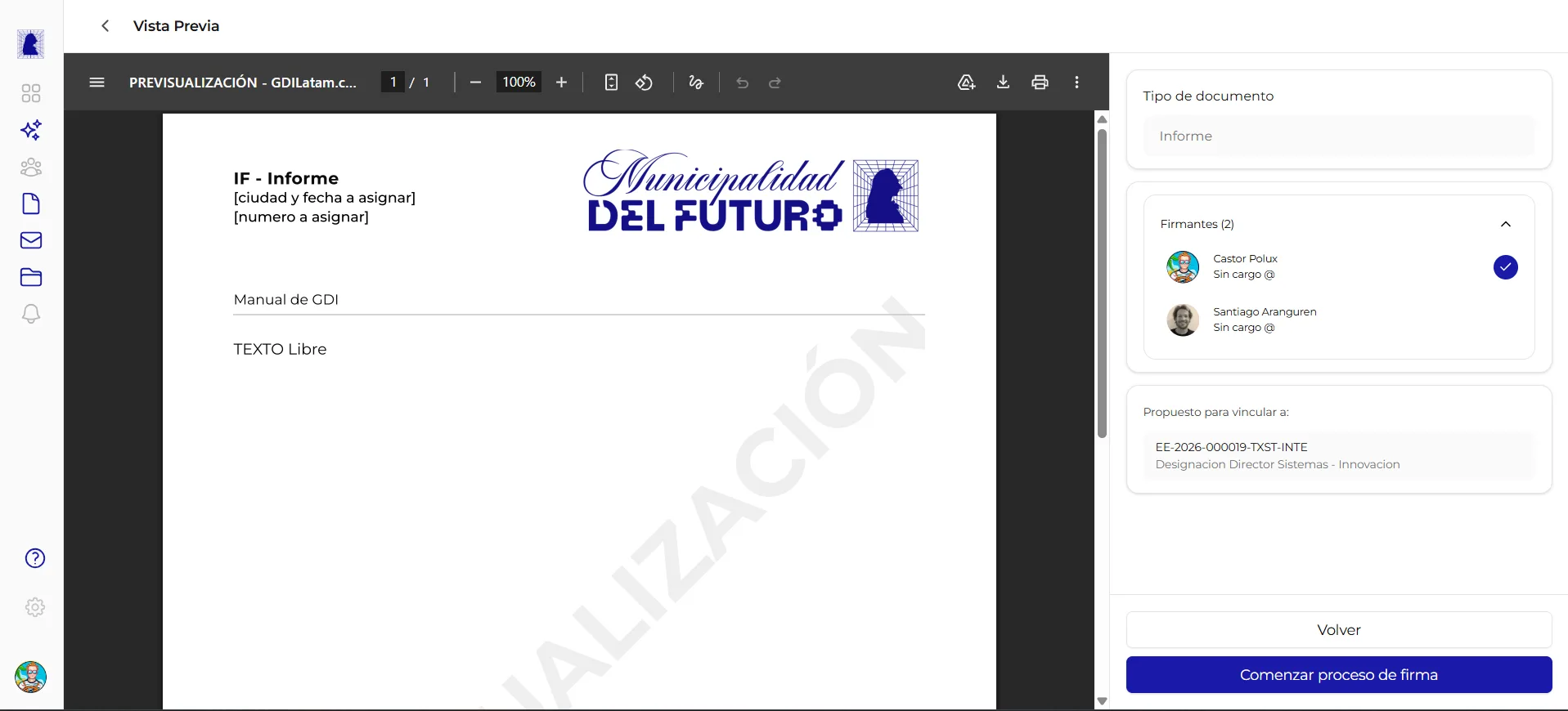 Vista previa de un documento en PDF con membrete oficial y marca de agua PREVISUALIZACION