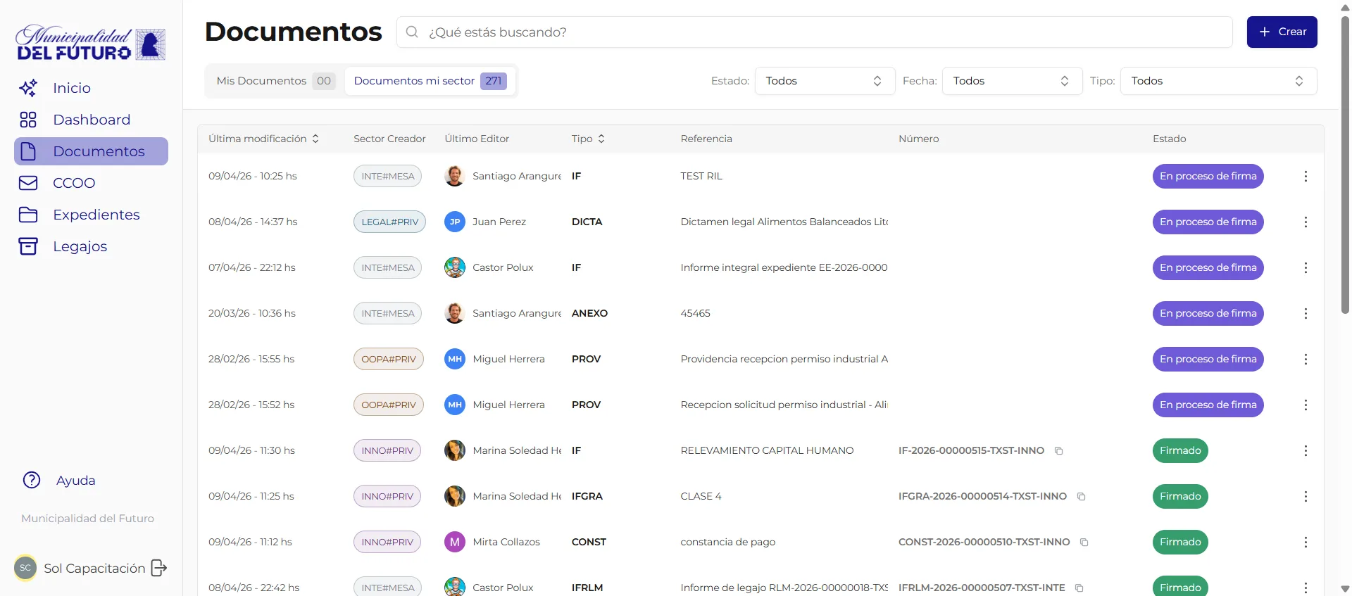 Listado de documentos electrónicos en GDI con tarjetas por documento, filtros y buscador