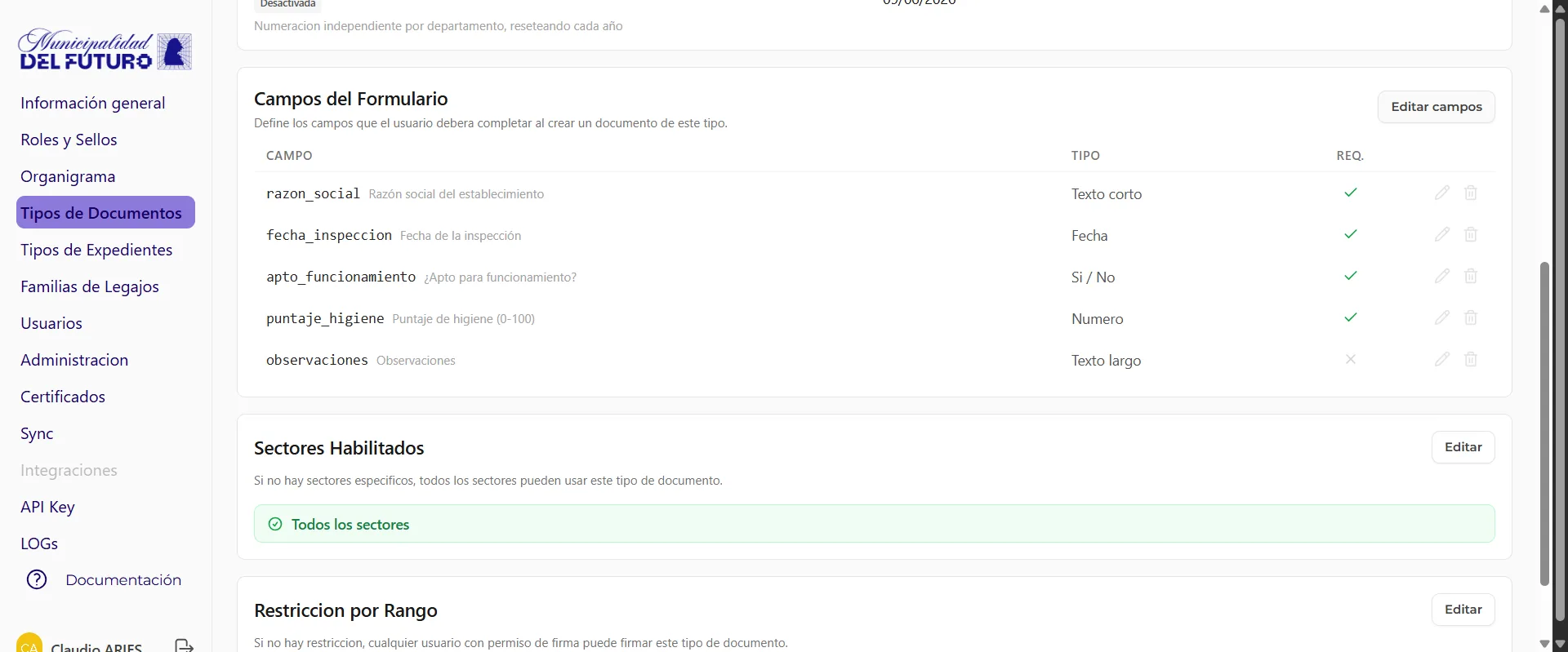 Configuración de los campos de un formulario controlado FFCC en el BackOffice